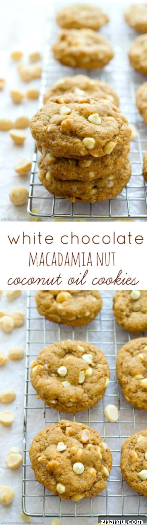 Stack of white chocolate macadamia nut cookies with melting white chocolate