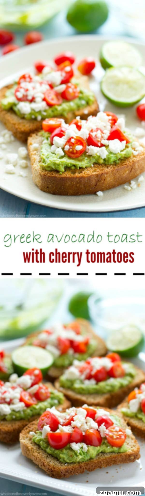 Aegean Avocado Toast with Tomato Pearls 8 This greek-style avocado toast is quick and healthy enough for a filling weekday breakfast, but also fancy enough for any weekend brunch.---You'll never go back to regular old toast again! @WholeHeavenly