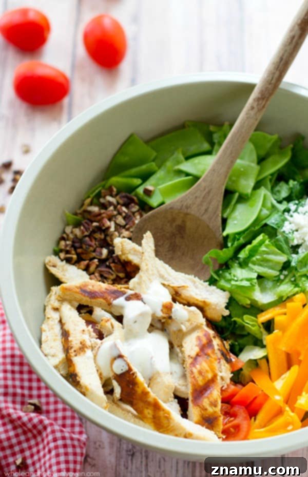 Smoky Ranch Chicken Chop 7 Grilled ranch-marinated chicken, a rainbow of fresh veggies and lots of ranch dressing collide in this simple, flavor-loaded chopped salad. ---soon to be your new favorite summer salad! @WholeHeavenly
