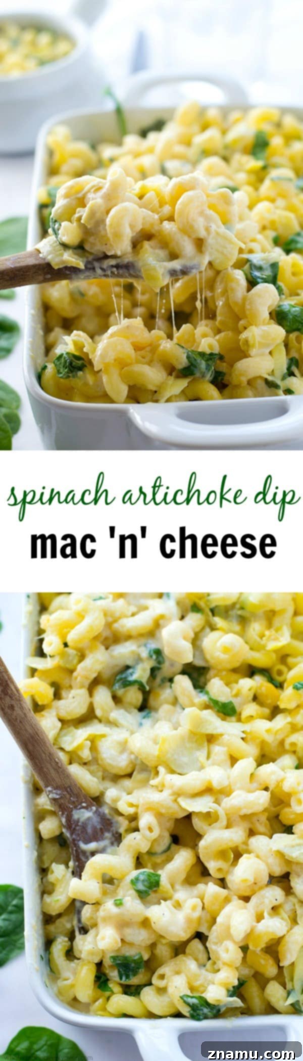 Creamy Spinach Artichoke Mac n Cheese 8 Full spread of gooey Spinach Artichoke Dip Mac and Cheese with a serving spoon