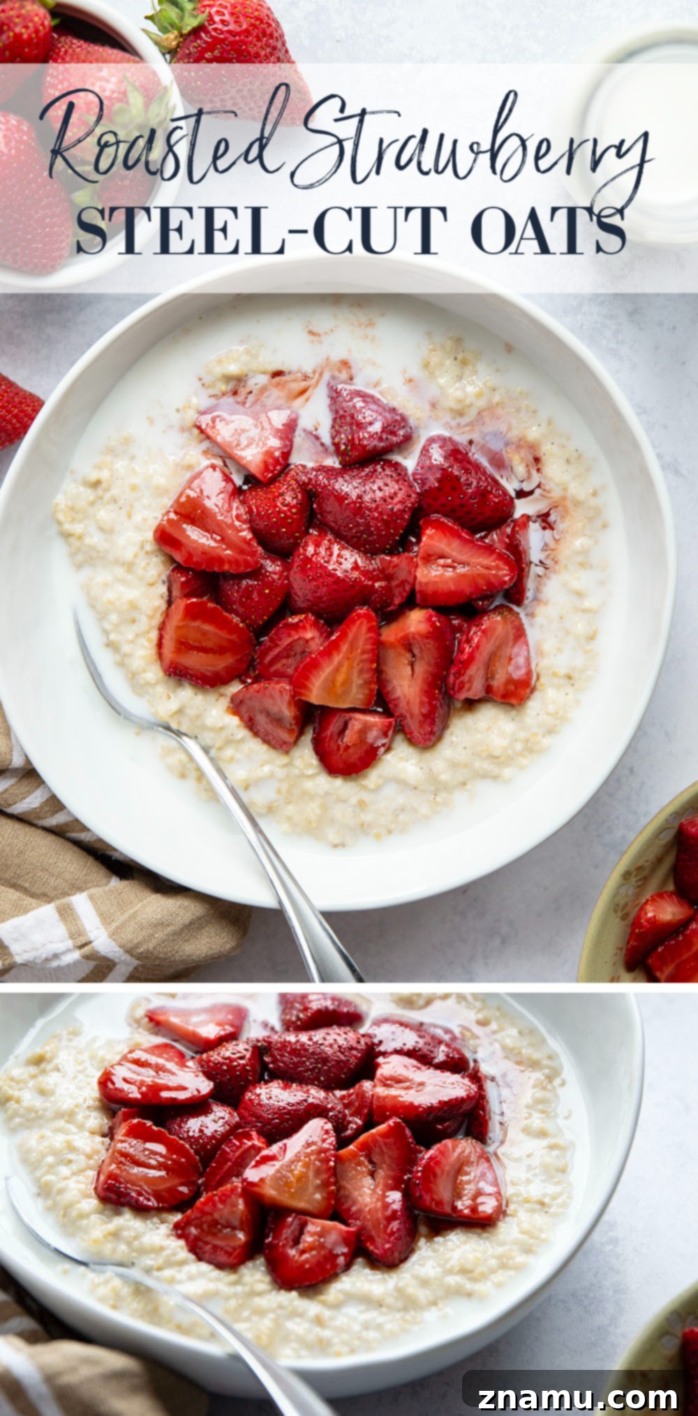 Maple roasted strawberries and creamy steel-cut oats are a match made in heaven with these easy strawberry steel-cut oats!