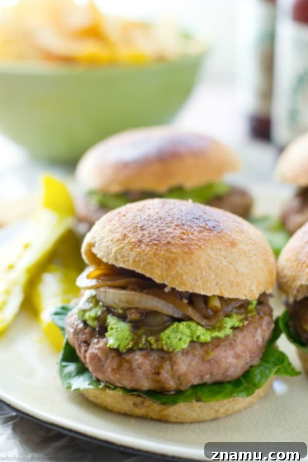 Turkey Burgers with Creamy Feta Spinach and Balsamic Glazed Onions 6 Whipped spinach feta and balsamic caramelized onions add gourmet flavor to healthy turkey burgers.
