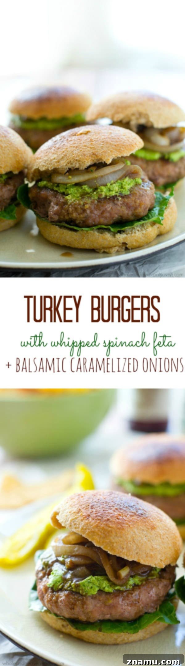 Turkey Burgers with Creamy Feta Spinach and Balsamic Glazed Onions 9 Serve these amazing turkey burgers with whipped feta and caramelized onions for a summer party.