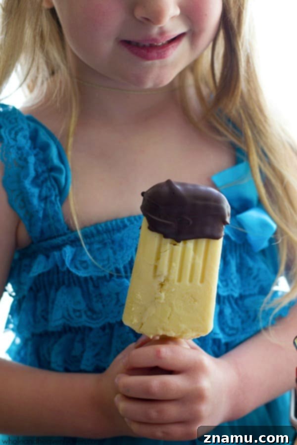 Vanilla Chocolate Pudding Pops 8 These creamy vanilla pudding popsicles are the perfect way to beat the heat this summer! Dipping them in melted chocolate makes them even more fun! @WholeHeavenly