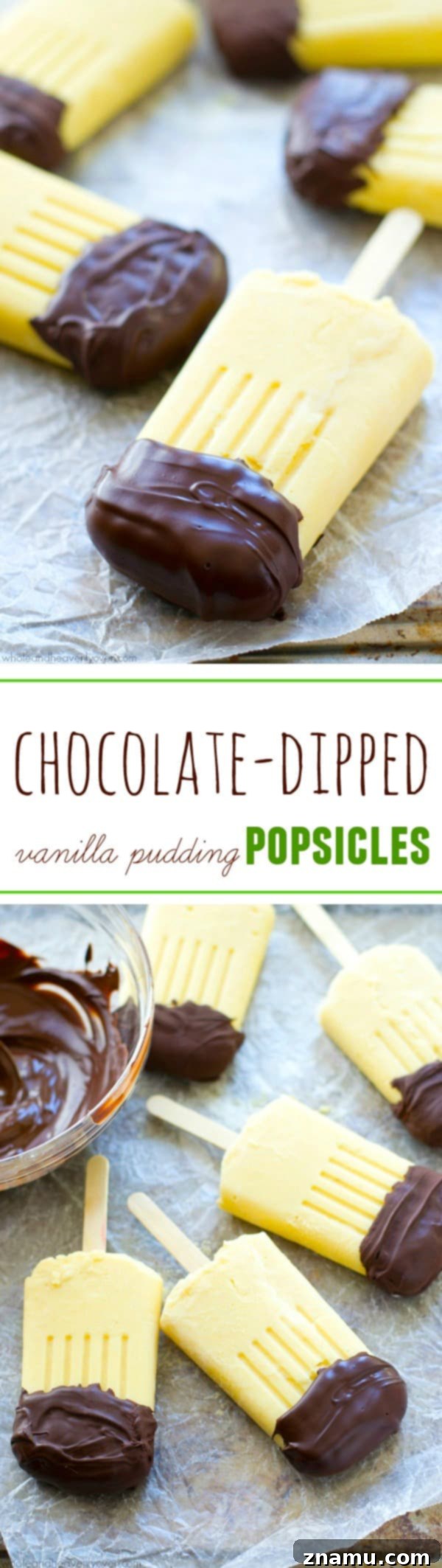 Vanilla Chocolate Pudding Pops 10 These creamy vanilla pudding popsicles are the perfect way to beat the heat this summer! Dipping them in melted chocolate makes them even more fun! @WholeHeavenly
