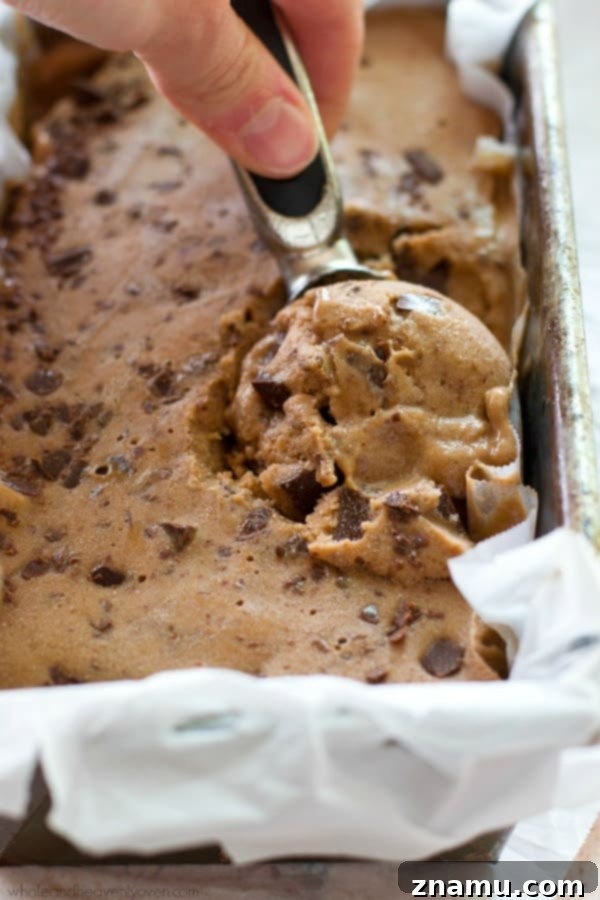 Light Mocha Banana Crunch Bliss 5 Delicious healthy mocha banana crunch ice cream served in a glass with a spoon.