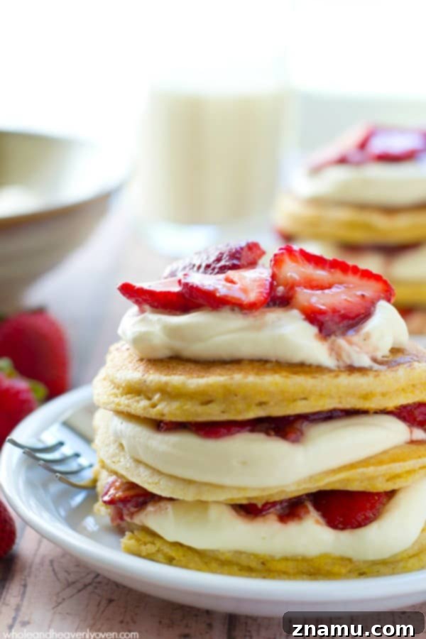 Cloud-High Strawberry Pancakes 5 Layers of buttermilk cornmeal pancakes with strawberries and whipped cream