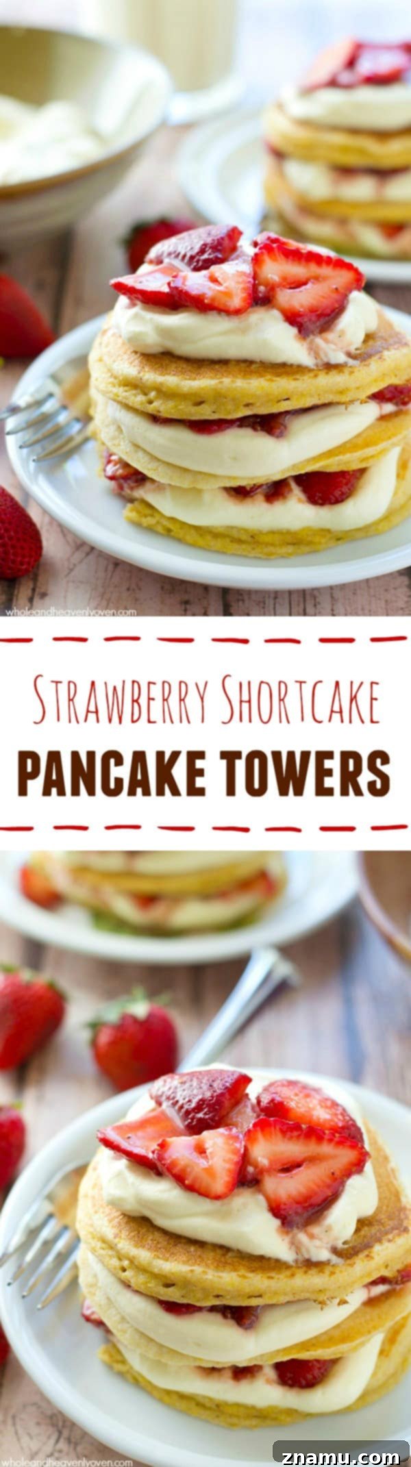 Cloud-High Strawberry Pancakes 7 A close-up of a strawberry shortcake pancake tower with berries cascading down