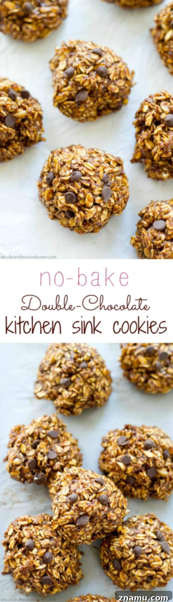 Ultimate No Bake Double Chocolate Kitchen Sink Cookies 7 Craving something sweet but don't feel like turning on the oven? These addicting no-bake cookies are loaded with a double-delight of chocolate and just about everything else! @WholeHeavenly