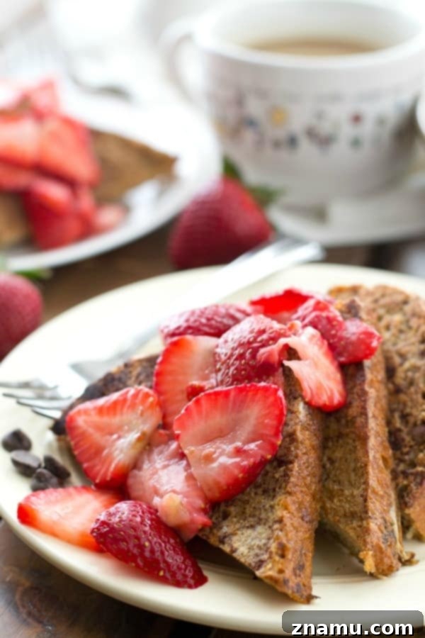 Baked Blueberry Streusel French Toast Bliss 8 Mocha French Toast with Smashed Strawberry Sauce, a stunning breakfast for coffee and fruit lovers.