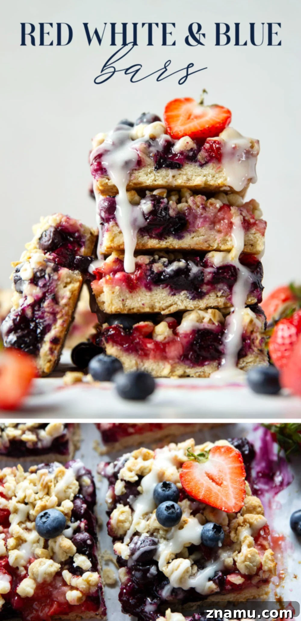 Liberty Layers 7 Loaded with a double whammy of berries, lots of streusel, and a creamy vanilla glaze, these red white and blue bars are an easy, festive treat for the 4th of July!