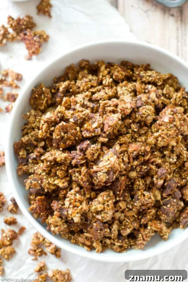 Decadent Double Chocolate Quinoa Clusters 6 A bowl filled with freshly made double chocolate quinoa granola, perfect for breakfast or a healthy snack