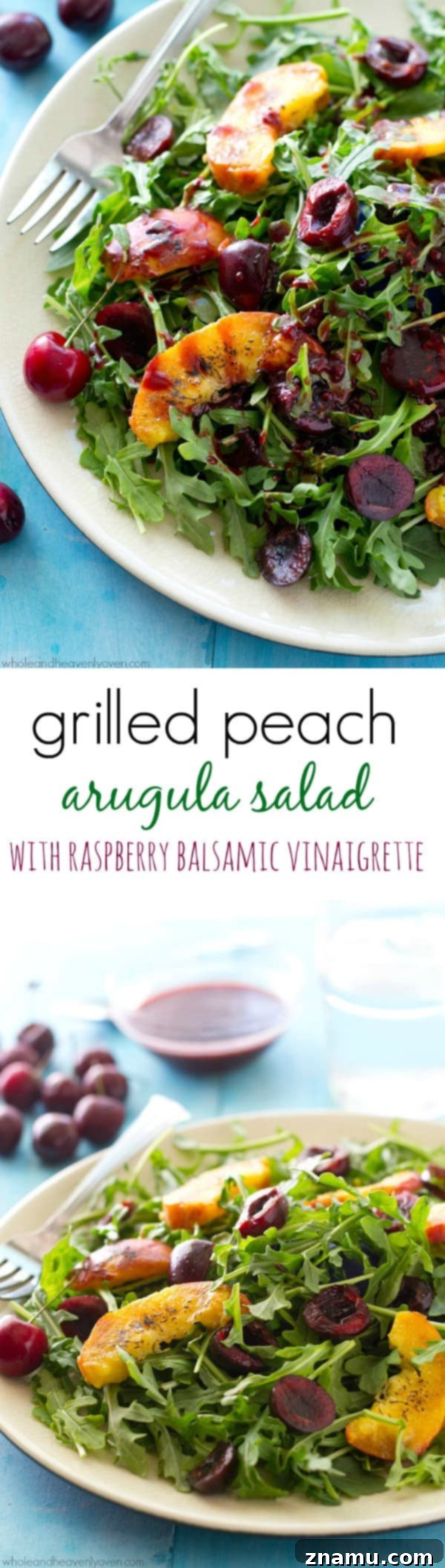 Golden Peach & Arugula with Ruby Balsam Elegance 8 A large serving of the grilled peach, arugula, and cherry salad, illustrating its abundance and fresh appeal for a summer meal. @WholeHeavenly