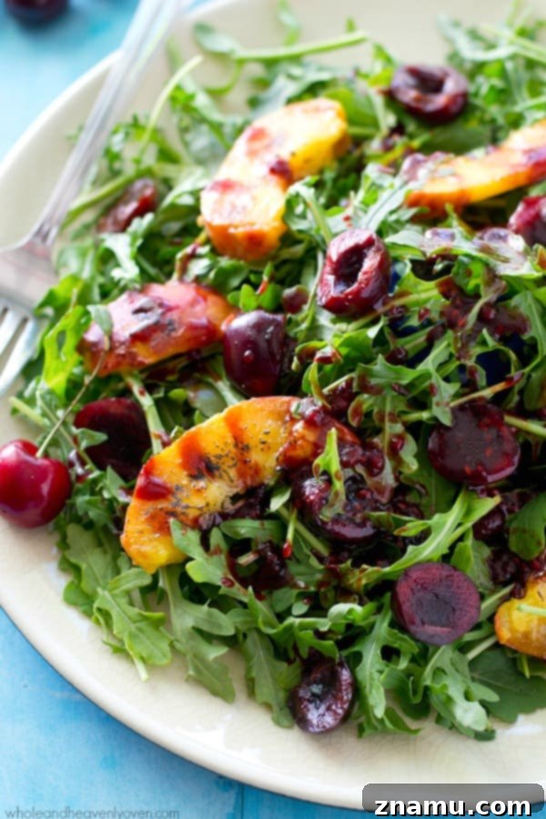 Golden Peach & Arugula with Ruby Balsam Elegance 9 Final top-down view of the Grilled Peach Arugula Salad, perfectly presented and ready to be enjoyed, showcasing the fresh fruits and greens. @WholeHeavenly