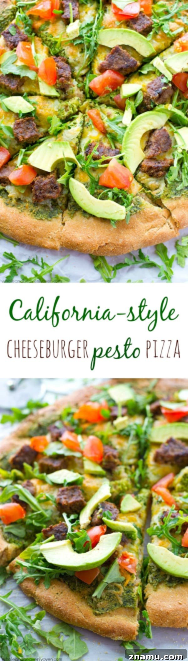 California Pesto Cheeseburger Pizza 7 Overhead shot of a full California-style veggie burger pesto pizza with vibrant toppings.
