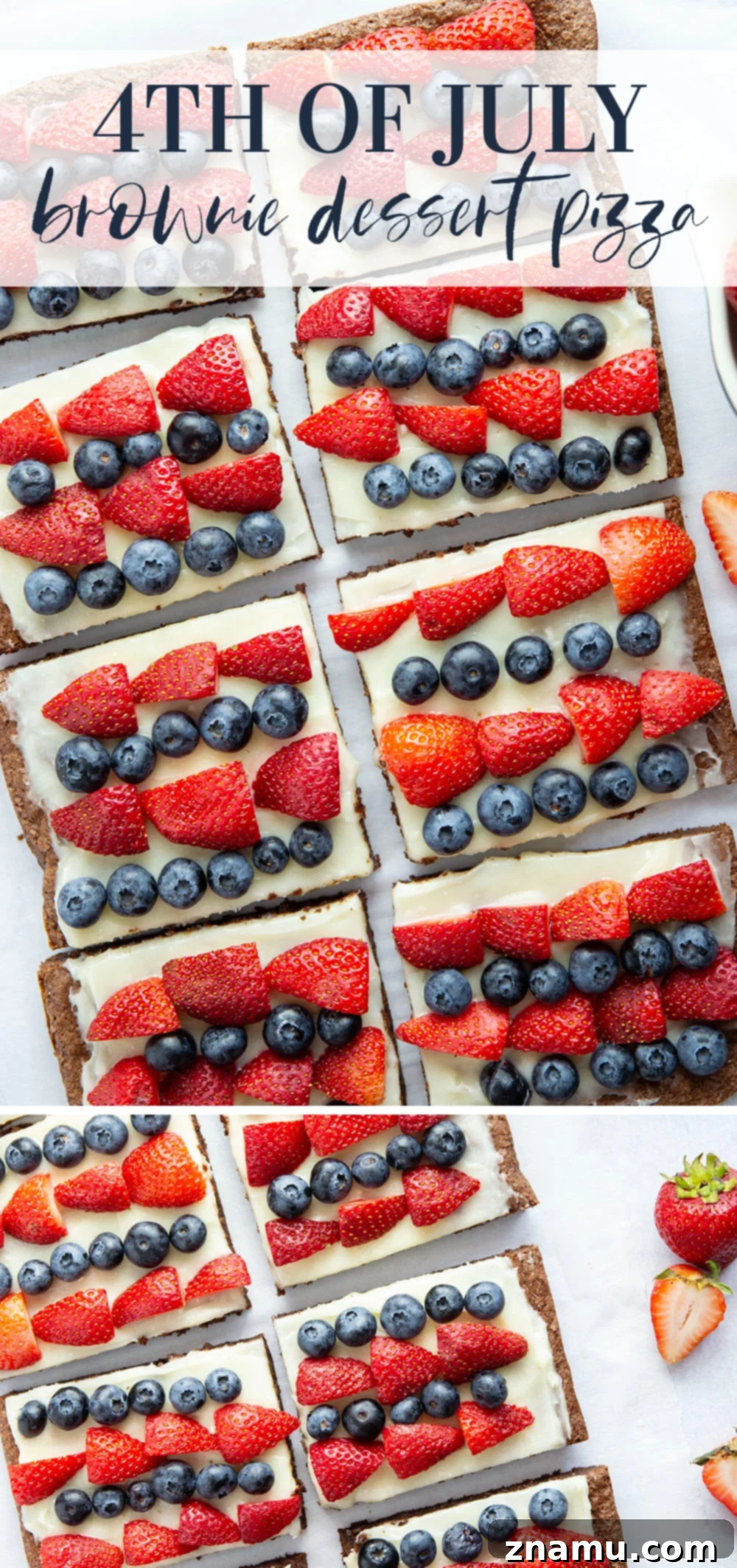 Red, White & Blue Brownie Pizza 7 A top-down view of the entire 4th of July brownie dessert pizza, showing all eight large slices arranged on a dark serving platter, garnished with ample fresh strawberries and blueberries.
