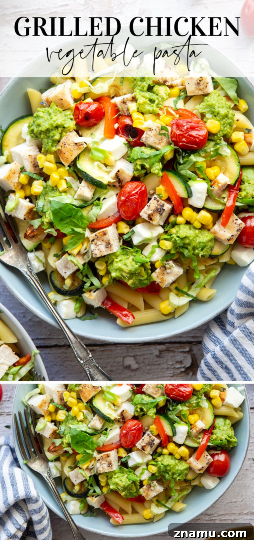 Overhead shot of California grilled chicken vegetable pasta bowls, showing the vibrant colors