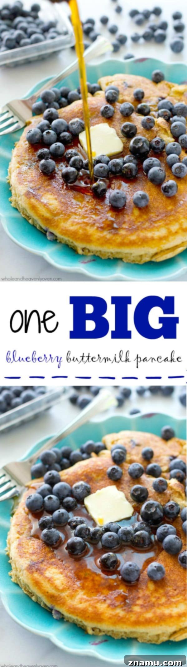 Colossal Buttermilk Blueberry Pancake 8 A delicious slice of XXL blueberry buttermilk pancake on a fork, ready to be eaten, showcasing its thick and airy interior.