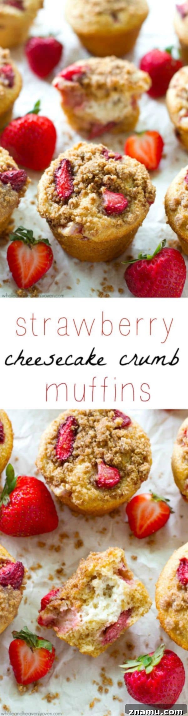 Decadent Strawberry Cheesecake Muffins 7 Array of Strawberry Cheesecake Crumb Muffins on a wire rack.