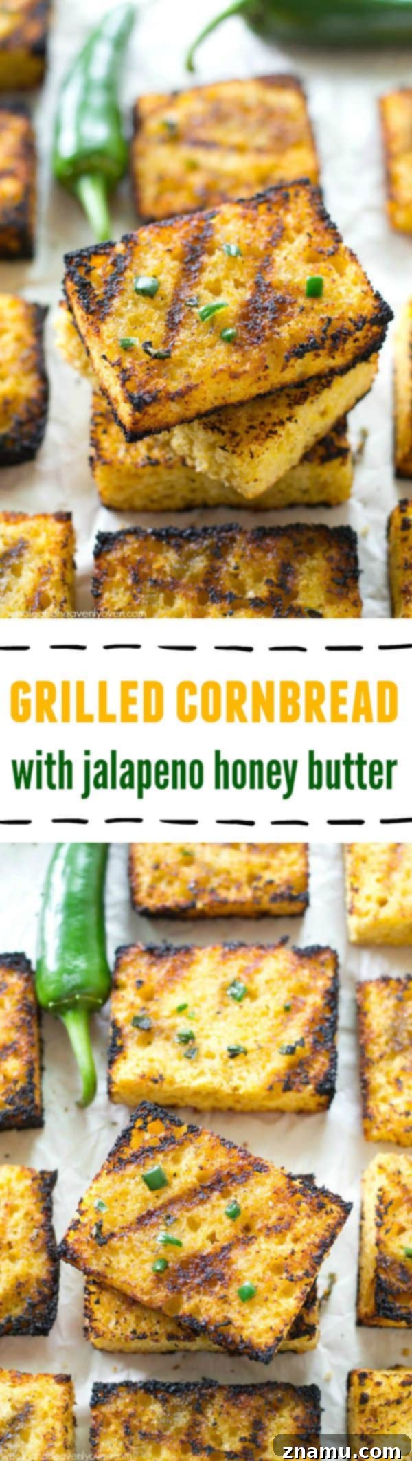 Honeyed Heat Griddle Cornbread 7 Several pieces of grilled cornbread with jalapeno honey butter artfully stacked on a plate, ready to eat.