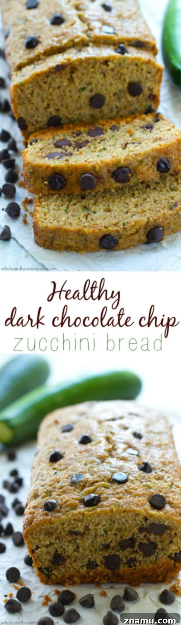 Nourishing Dark Chocolate Chip Zucchini Bread 8 Sliced Dark Chocolate Zucchini Bread on a Serving Plate