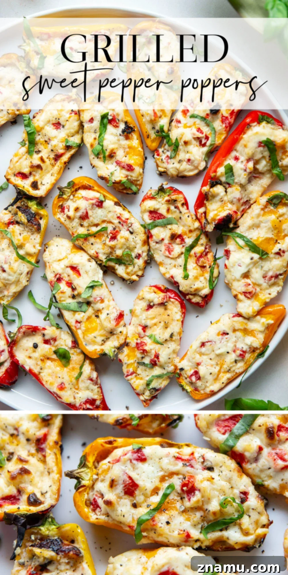 Fire-Kissed Sweet Pepper Bites 7 Large platter of grilled sweet pepper poppers, ready to be served.
