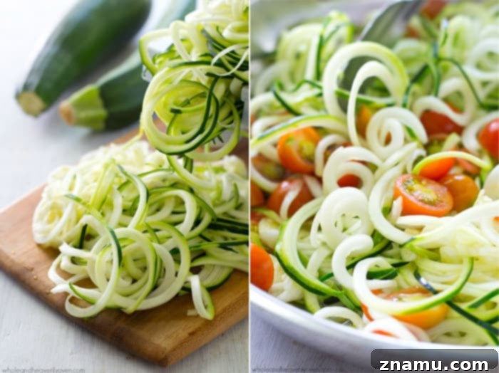 Light Parmesan Zoodles with Sweet Cherry Tomatoes 5 A vibrant mix of spiralized zucchini noodles, halved cherry tomatoes, and minced garlic in a skillet with olive oil, ready to be cooked.