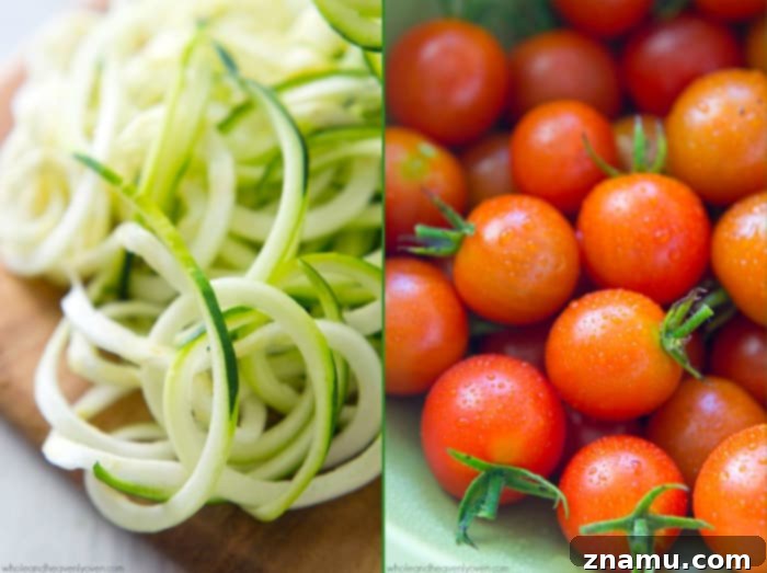 Light Parmesan Zoodles with Sweet Cherry Tomatoes 6 Parmesan cheese being generously sprinkled over perfectly cooked zucchini noodles with cherry tomatoes in a skillet.
