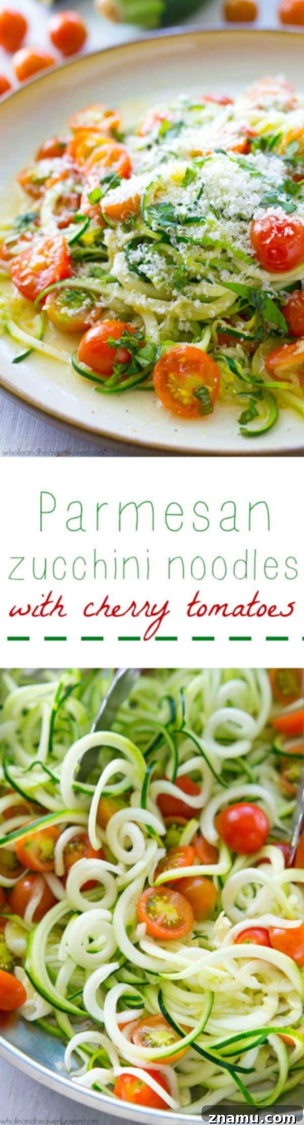 Light Parmesan Zoodles with Sweet Cherry Tomatoes 9 A beautifully plated serving of Parmesan Zucchini Noodles with Cherry Tomatoes, garnished with fresh basil, ready to eat.