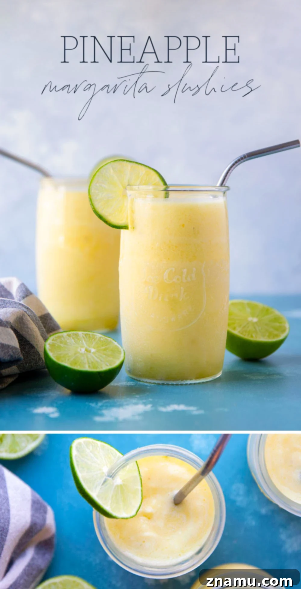 Tropical Pineapple Margarita Slush 7 Two clear glasses of pineapple margarita slushies, one with a lime wheel, sitting on a table with a blurred tropical background