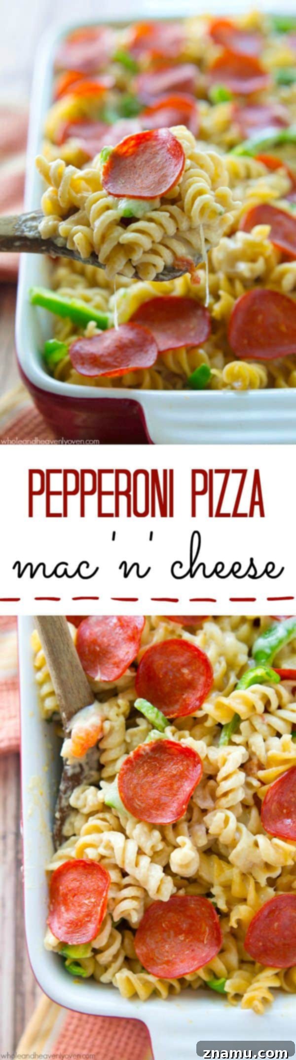 Ultimate Pepperoni Pizza Macaroni and Cheese 8 A large, rustic pan of pepperoni pizza mac and cheese, perfectly baked and ready to share.