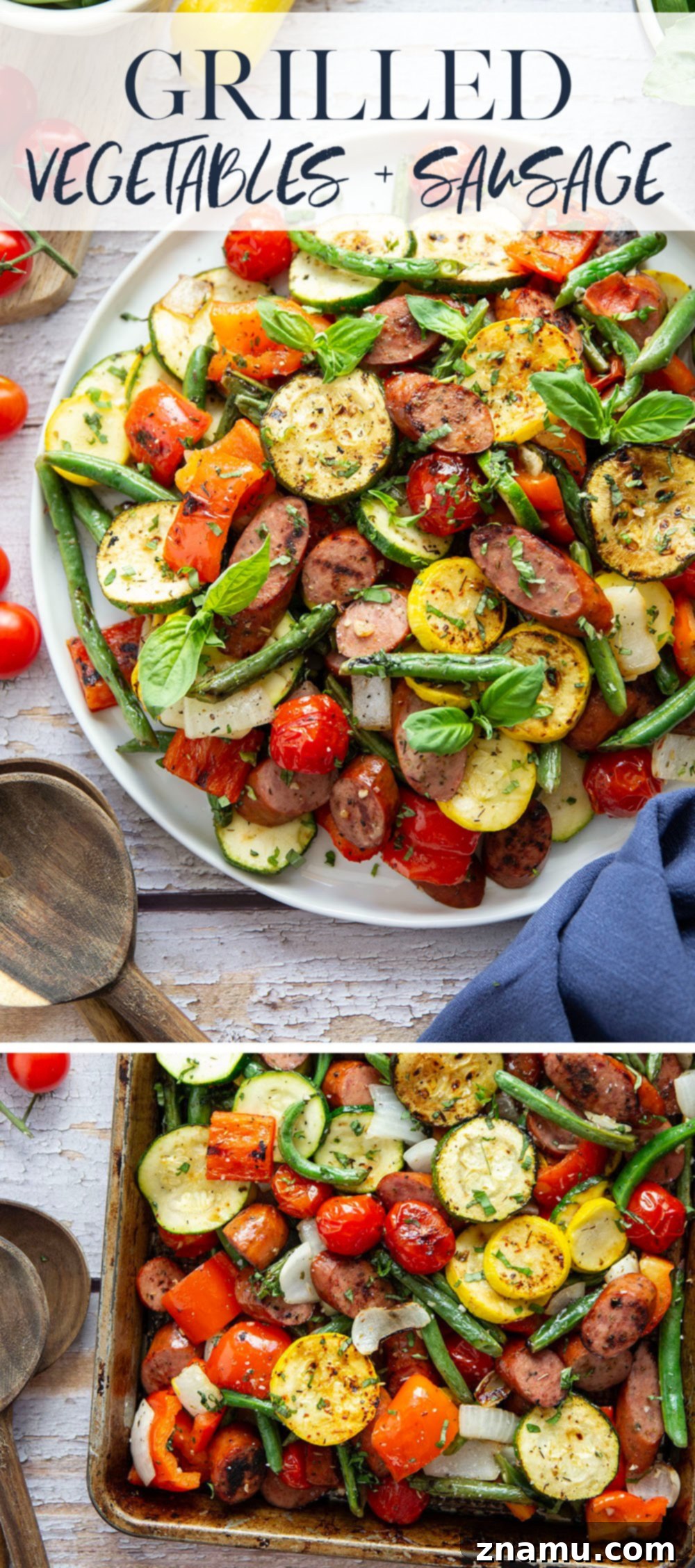 Zesty Marinated Grilled Summer Vegetables and Sausage 7 Overhead shot of a full spread including Marinated Grilled Summer Vegetables and Sausage.