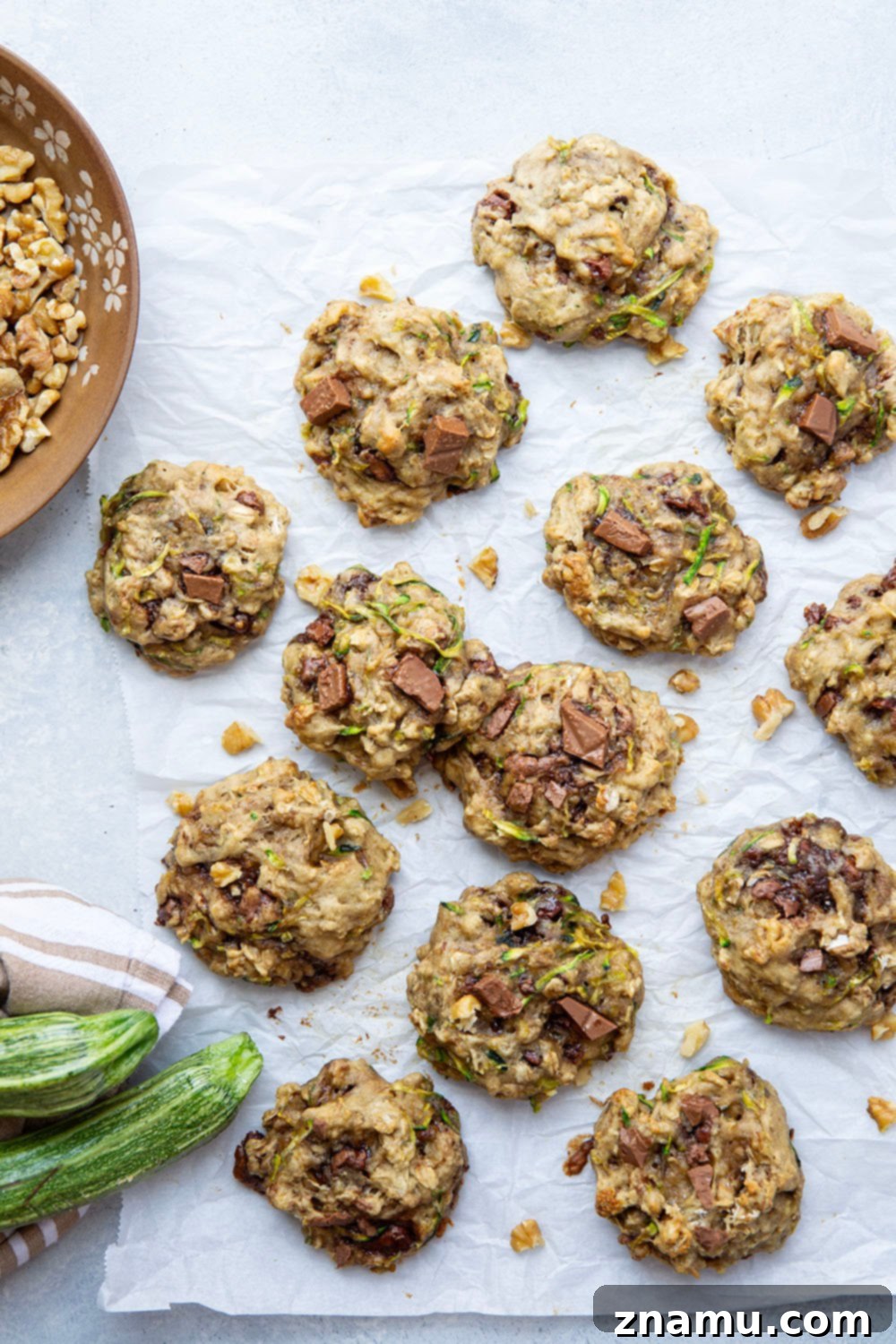 Wholesome Zucchini Breakfast Cookies 3 Close-up of freshly baked Zucchini Breakfast Cookies showcasing their soft texture and chocolate chips.