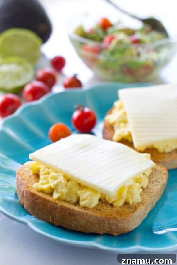 Cheesy Scramble Toast with Fresh Avocado and Burst Tomatoes 5 Overhead view of two generous servings of cheesy scrambled egg toast, artfully arranged on a plate, highlighting the delicious layers.