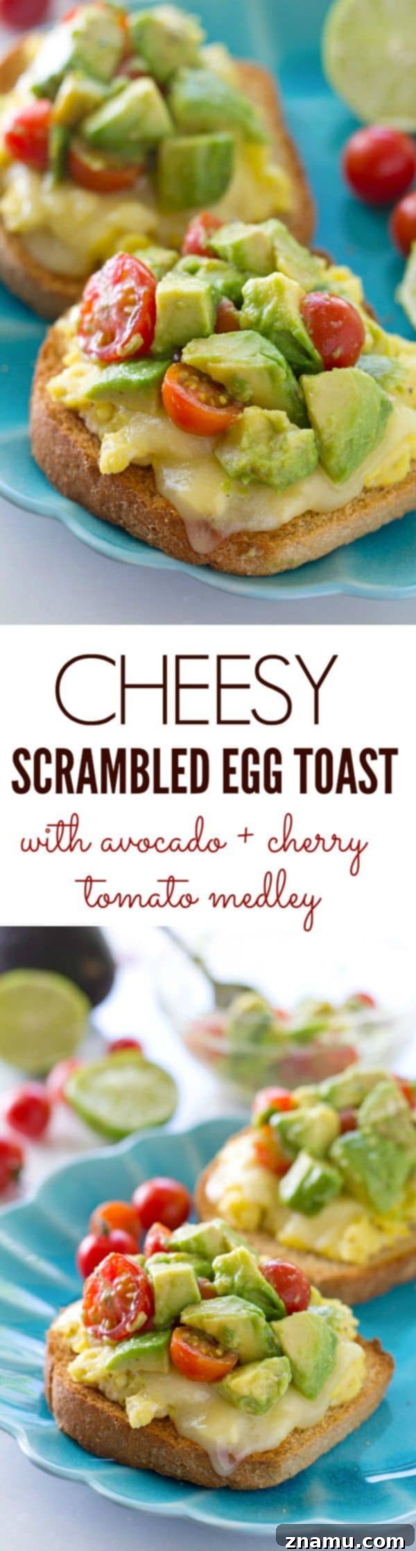 Cheesy Scramble Toast with Fresh Avocado and Burst Tomatoes 8 A beautifully composed image of the Cheesy Scrambled Egg Toast with Avocado Cherry Tomato Medley, showcasing its freshness and appeal. A perfect breakfast for sharing on social media.