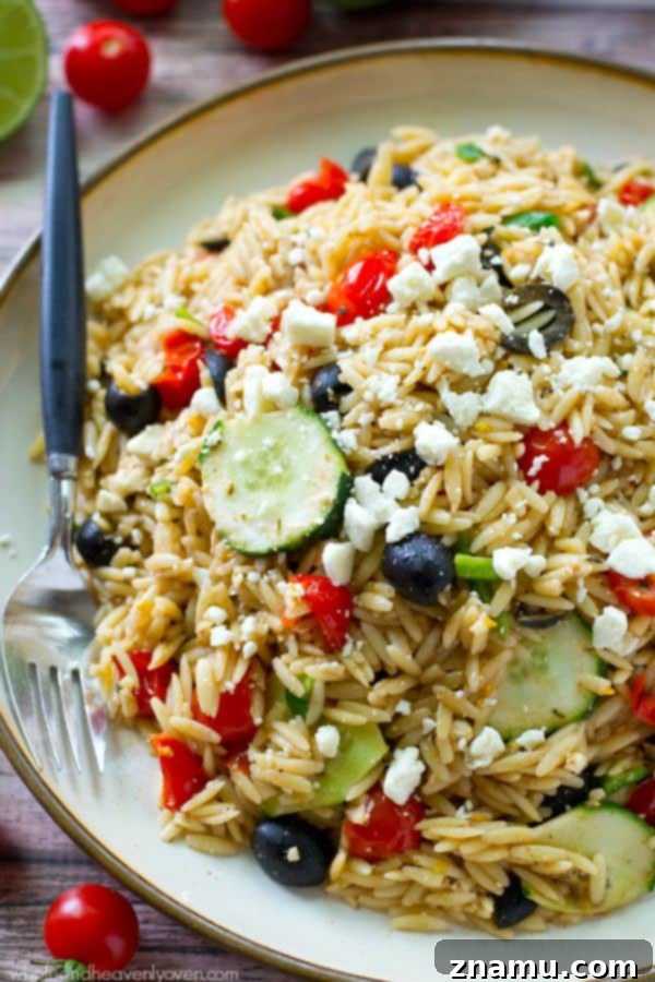 A close-up shot of the fresh ingredients used in Greek Orzo Pasta Salad, showing the vibrant colors of bell peppers, cucumbers, and orzo pasta.