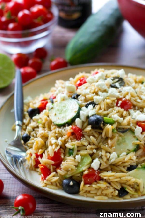A generous serving of Greek Orzo Pasta Salad in a bowl, showcasing the cooked orzo mixed with vegetables and feta cheese.
