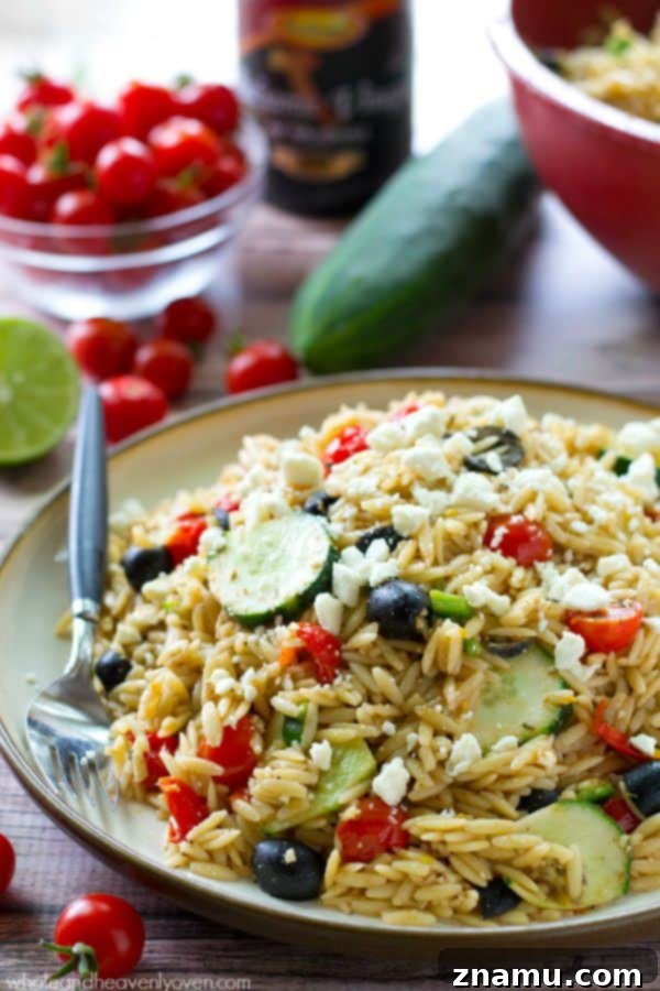 The Greek Orzo Pasta Salad ready to be tossed with its light balsamic vinaigrette, showing the vibrant colors before mixing.