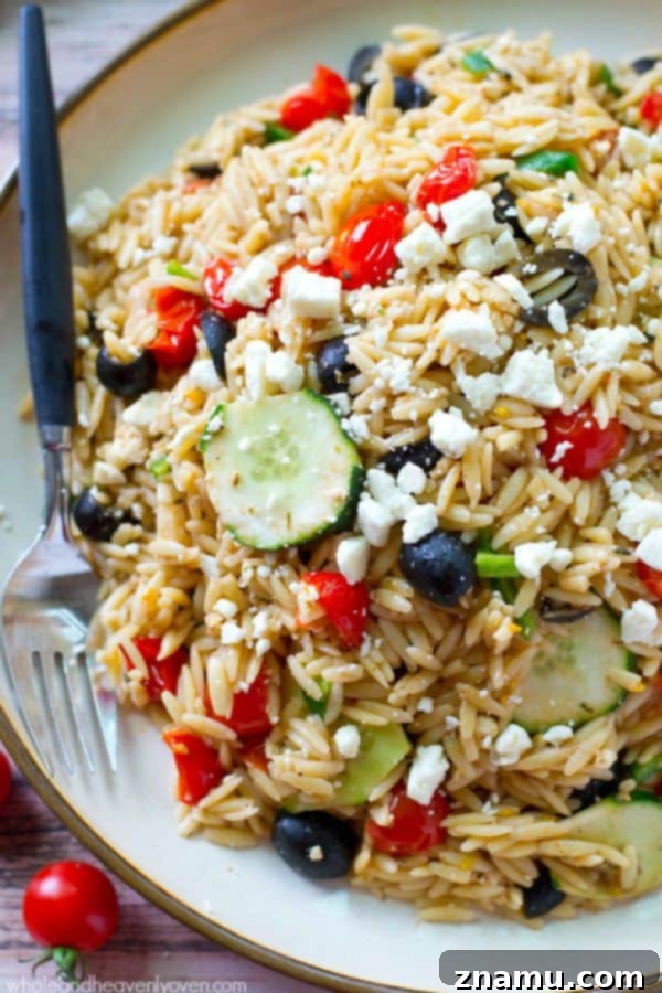 A side view of the Greek Orzo Pasta Salad, beautifully arranged to showcase all its fresh components, including feta cheese.