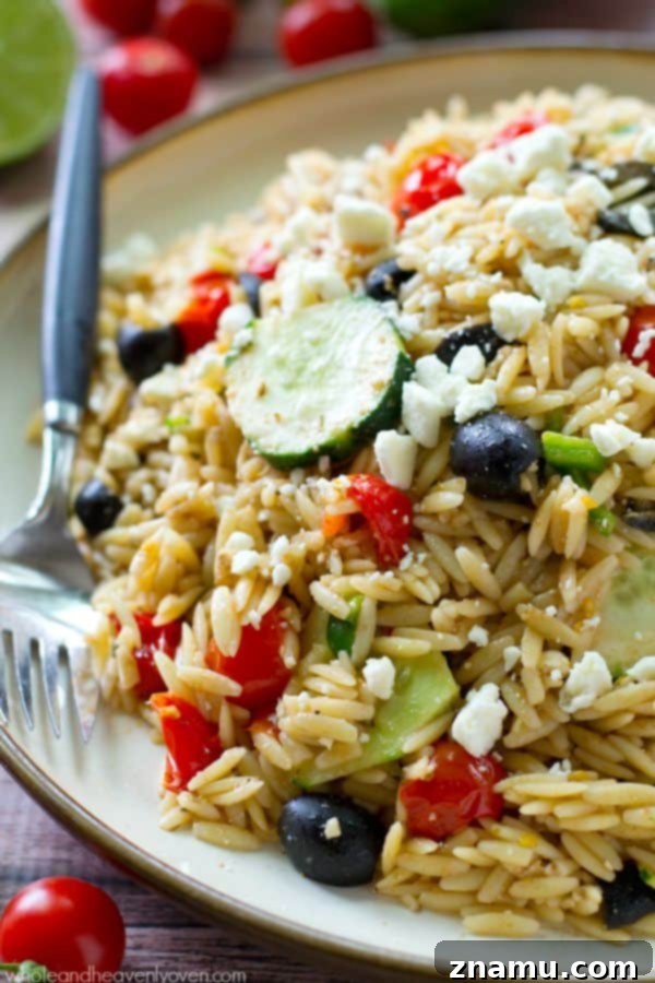 A close-up shot of Greek Orzo Pasta Salad with an emphasis on the crumbled feta and fresh herbs, inviting a taste.