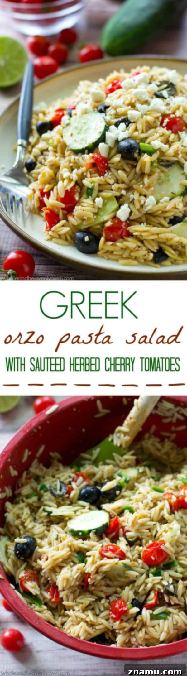 An overhead shot of a large bowl of Greek Orzo Pasta Salad, showcasing the full recipe and its abundance of fresh ingredients.