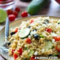 A small image of the finished Greek Orzo Pasta Salad.