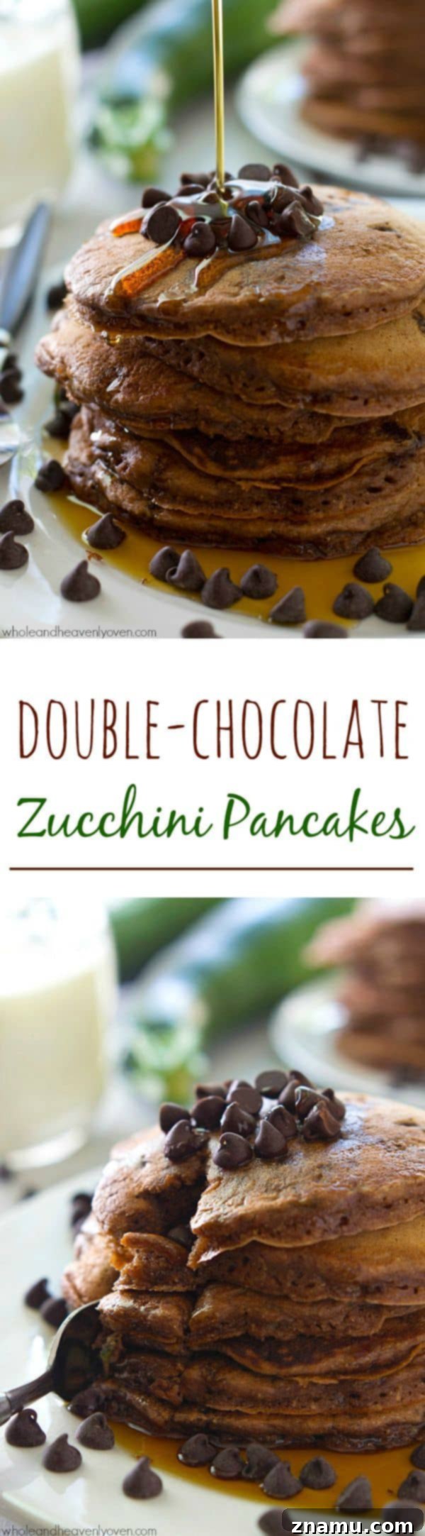 Decadent Double Chocolate Zucchini Pancakes 7 A large stack of Double Chocolate Zucchini Pancakes, topped with berries and maple syrup, showcasing their impressive height and deliciousness. @WholeHeavenly