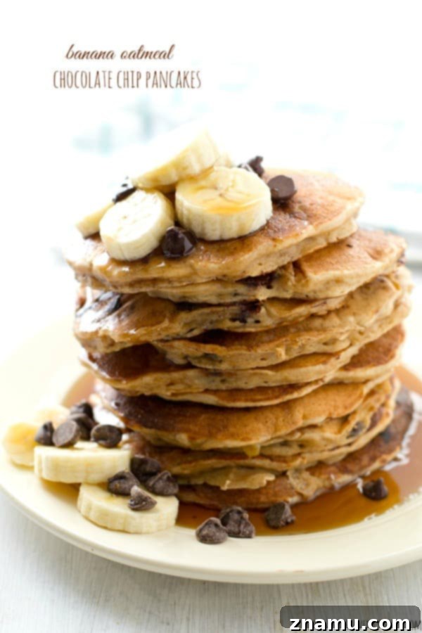Decadent Double Chocolate Zucchini Pancakes 9 Fluffy Banana Oatmeal Chocolate Chip Pancakes, a wholesome and delicious breakfast idea. @WholeHeavenly