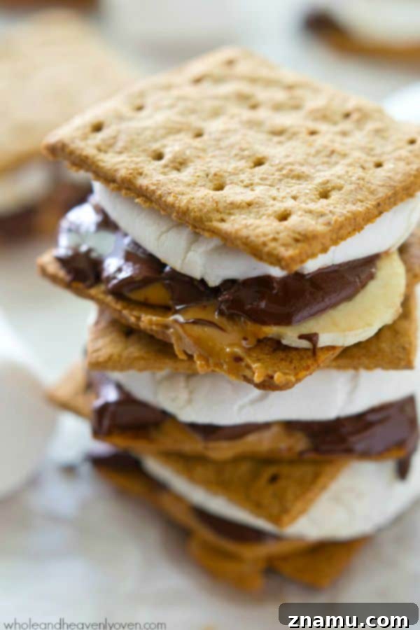 Gooey peanut butter banana s'mores stack ready to be enjoyed