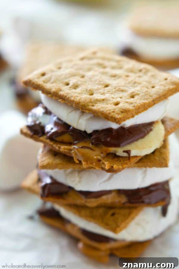 Another perspective of the indulgent peanut butter banana s'mores, highlighting the layers