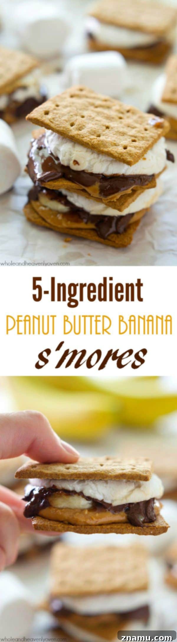 A generous serving of peanut butter banana s'mores on a rustic wooden board