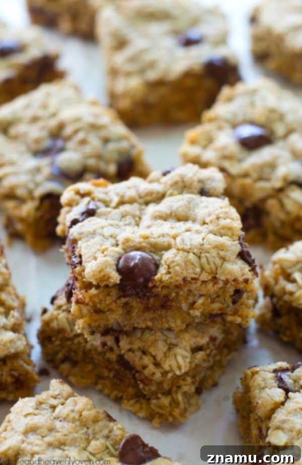 Oatmeal Chocolate Chip Cookie Bars 2 Chewy Oatmeal Chocolate Chip Snack Bars with gooey chocolate and nuts.