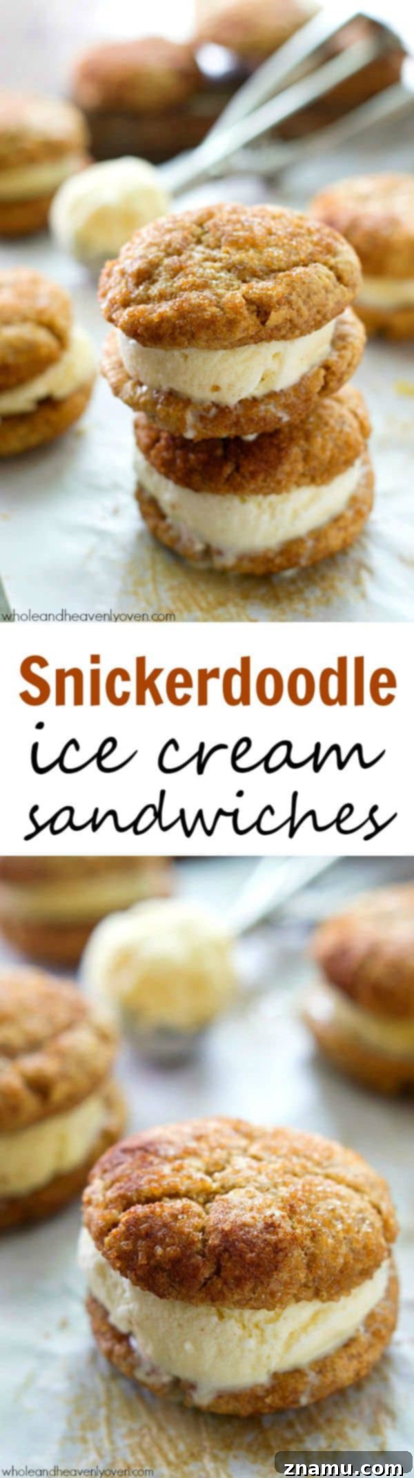 Cinnamon Sugar Cookie Cream Dreams 7 A stack of six snickerdoodle ice cream sandwiches, perfectly formed and ready to be enjoyed.