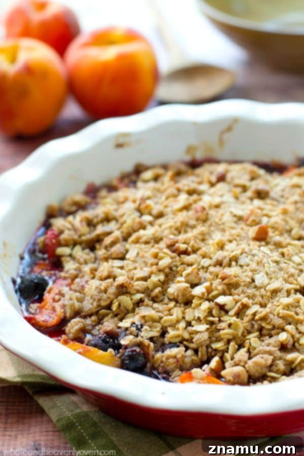 Sweet Peach Blueberry Oat Crumble 2 A beautifully baked peach and blueberry oatmeal crumble, golden brown and bubbly, served warm with a scoop of vanilla ice cream melting on top.